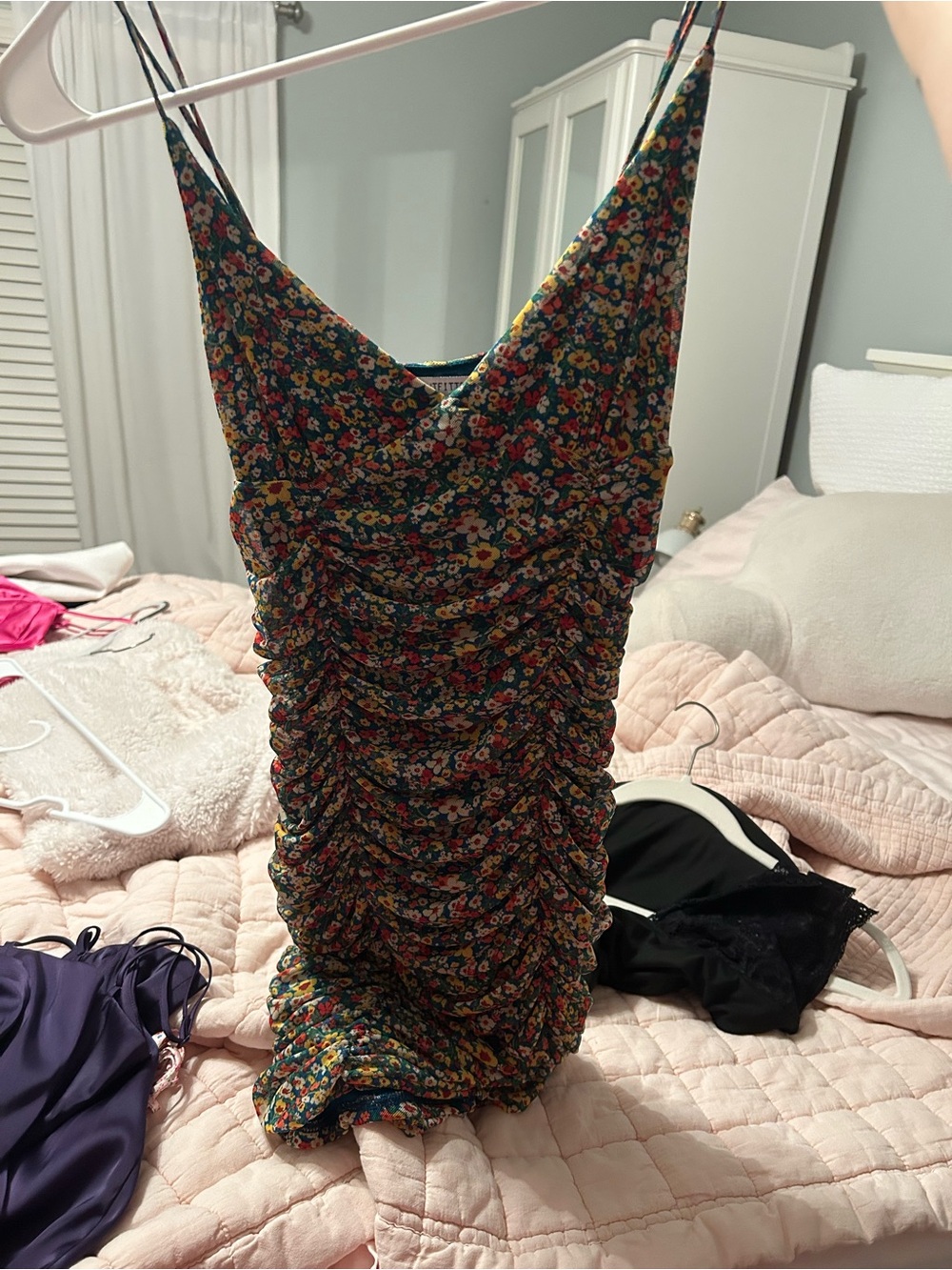 Urban Outfitters Floral Ruched V-Neck Slip Dress - Multicolor